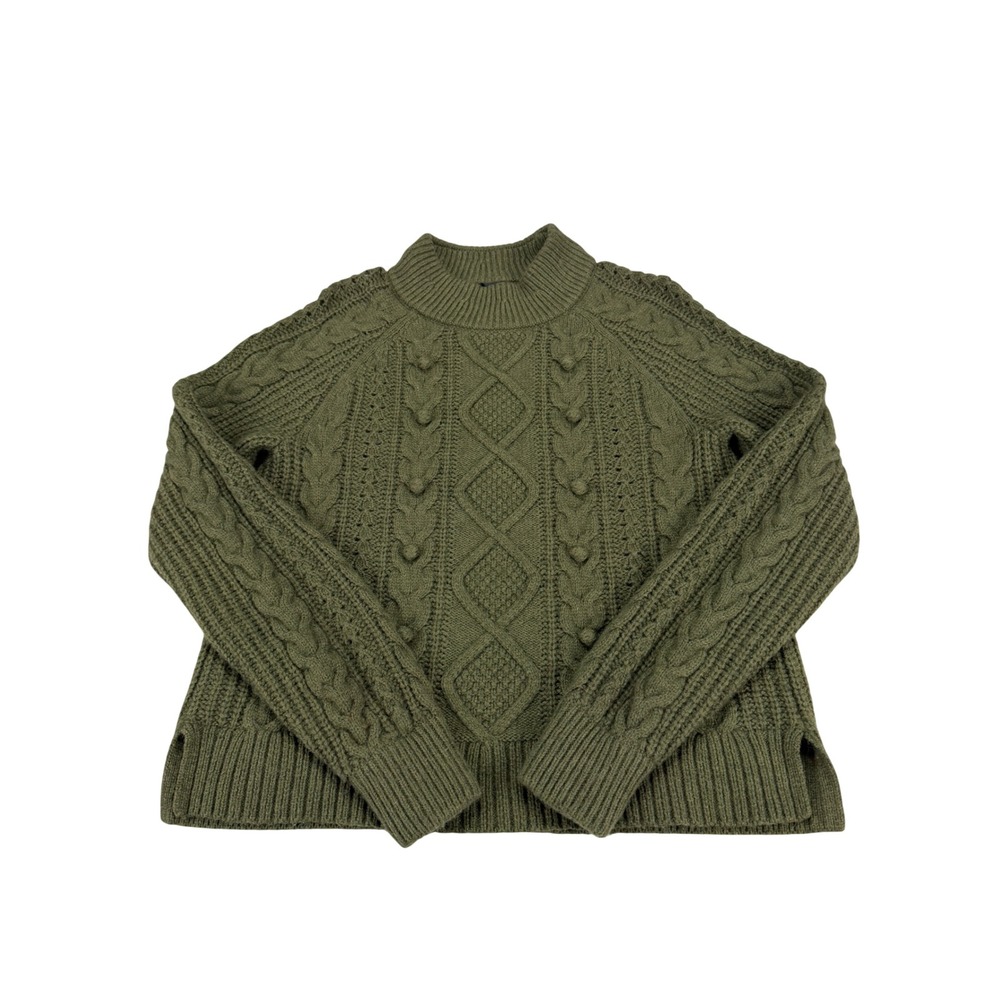 J.Crew Womens Olive Green Lambswool Blend Cable Knit Pom Pom Sweater Small